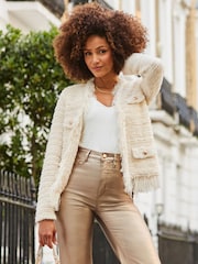 Sosandar Natural Fringe Trim Boucle Cardigan - Image 3 of 5