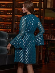 Sosandar Blue Jacquard Tie Waist Dress - Image 4 of 5