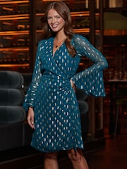 Sosandar Blue Jacquard Tie Waist Dress - Image 5 of 5