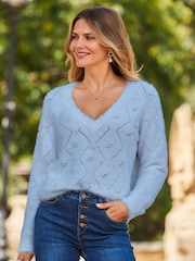 Sosandar Blue Pointelle Pearl Embellished Jumper - Image 1 of 4