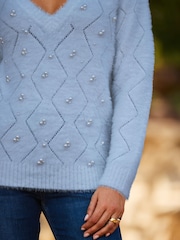 Sosandar Blue Pointelle Pearl Embellished Jumper - Image 4 of 4