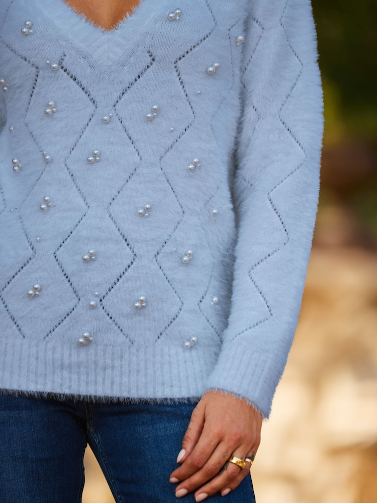 Sosandar Blue Pointelle Pearl Embellished Jumper - Image 4 of 4