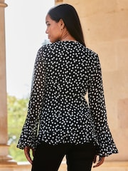 Sosandar Black Spot Print Ruffle Detail Blouse With Corsage - Image 4 of 5