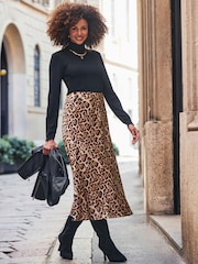 Sosandar Brown Leopard Print Satin Slip Skirt - Image 1 of 5