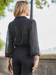 Sosandar Black Spot Print Ruffle Front Shirt - Image 3 of 5