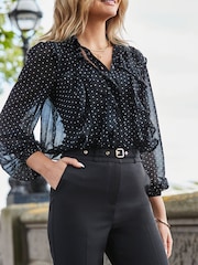 Sosandar Black Spot Print Ruffle Front Shirt - Image 4 of 5