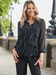 Sosandar Black Spot Print Ruffle Front Shirt - Image 5 of 5