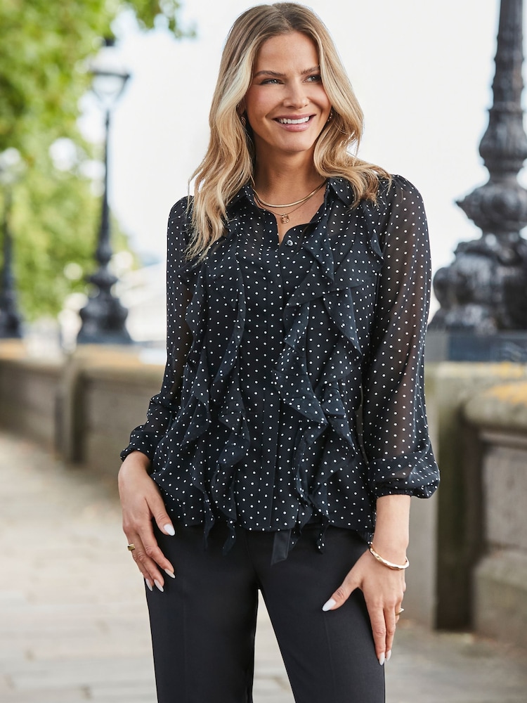 Sosandar Black Spot Print Ruffle Front Shirt - Image 5 of 5