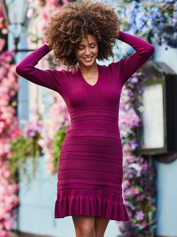 Sosandar Burgundy Red Fit & Flare Ruffle Hem Lace Detail Dress - Image 1 of 4