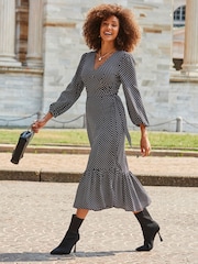 Sosandar Black Spot Print Belted Midi Dress - Image 1 of 5