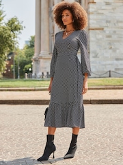 Sosandar Black Spot Print Belted Midi Dress - Image 2 of 5