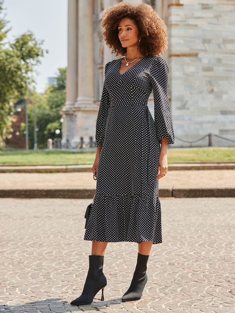 Sosandar Black Spot Print Belted Midi Dress - Image 2 of 5