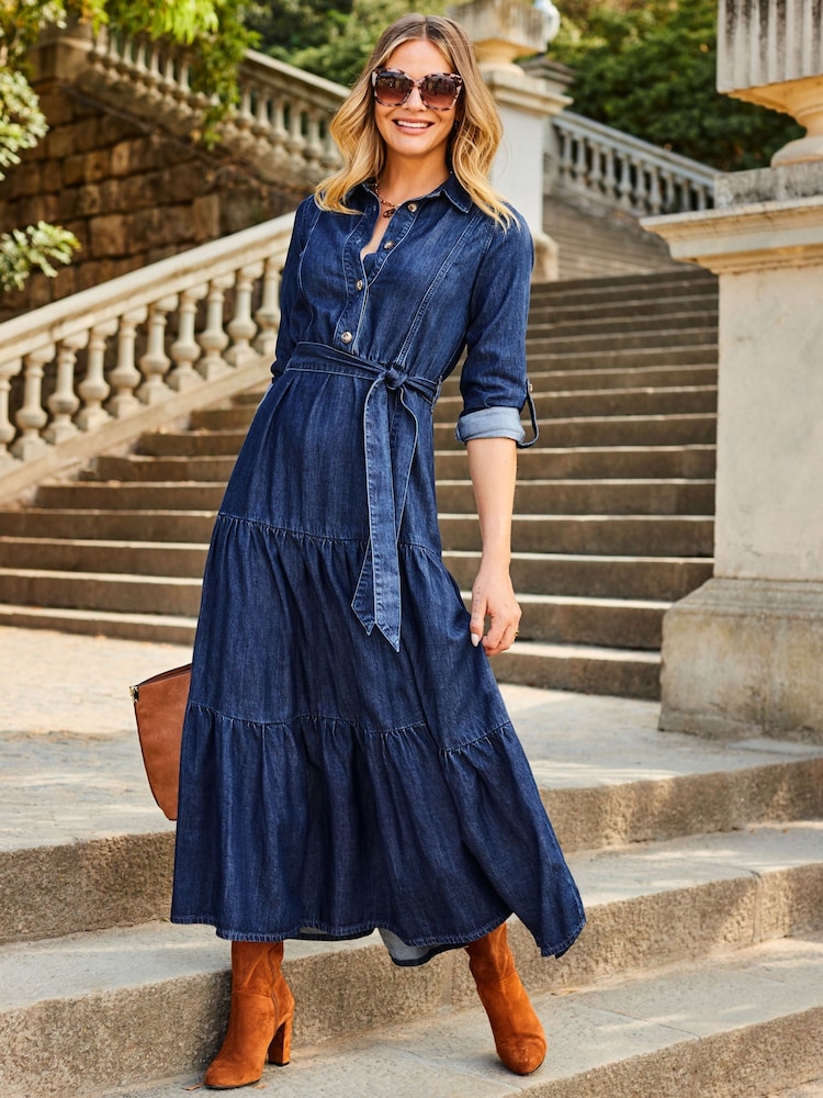 Sosandar Blue Tiered Hem Denim Midi Dress - Image 1 of 5