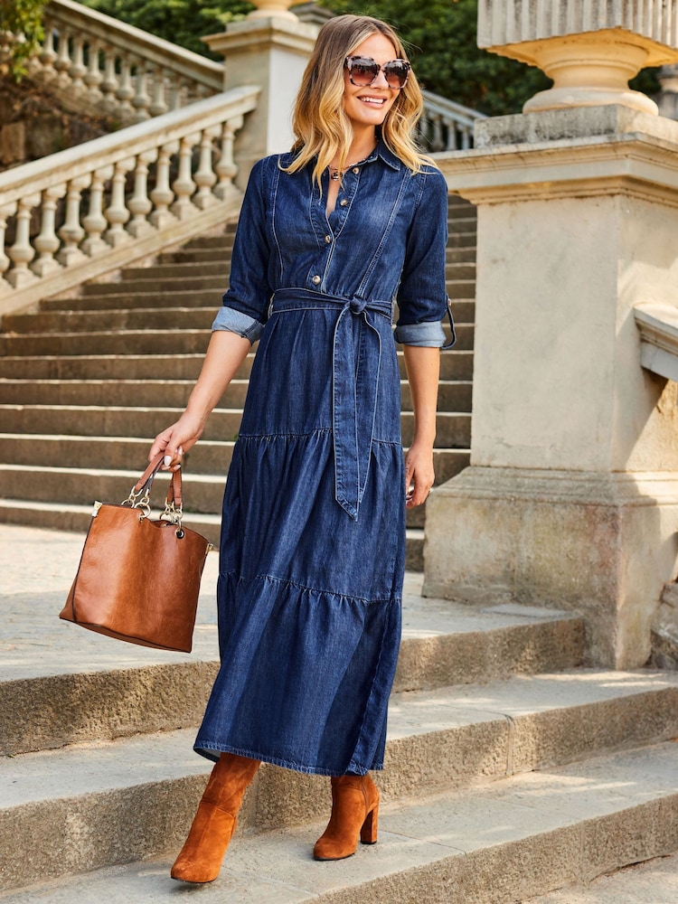 Sosandar Blue Tiered Hem Denim Midi Dress - Image 2 of 5