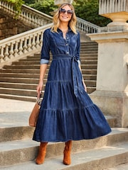 Sosandar Blue Tiered Hem Denim Midi Dress - Image 3 of 5