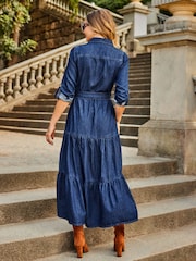 Sosandar Blue Tiered Hem Denim Midi Dress - Image 4 of 5