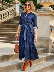 Sosandar Blue Tiered Hem Denim Midi Dress - Image 5 of 5