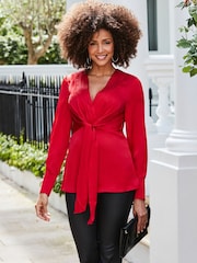 Sosandar Red Satin Pleated Wrap Top - Image 3 of 5