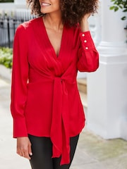 Sosandar Red Satin Pleated Wrap Top - Image 4 of 5
