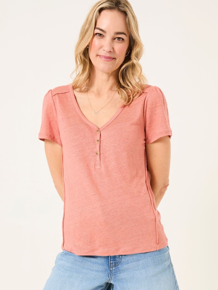 FatFace Lena Rose Pink Linen Henley Top - Image 1 of 5