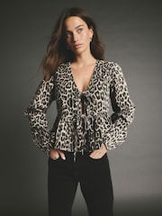 Leopard Animal Collar Button Down 100% Cotton Blouse - Image 1 of 5