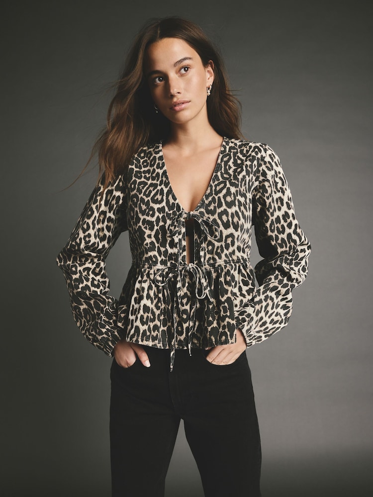 Leopard Animal Collar Button Down 100% Cotton Blouse - Image 1 of 5