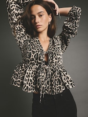 Leopard Animal Collar Button Down 100% Cotton Blouse - Image 3 of 5