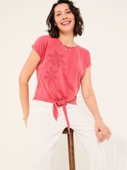 FatFace Rust Red Palm Tree Graphic Tie Front T Shirt - Image 3 of 6