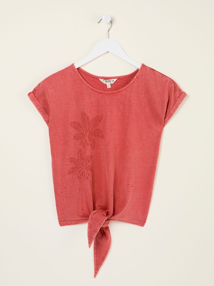 FatFace Rust Red Palm Tree Graphic Tie Front T Shirt - Image 6 of 6