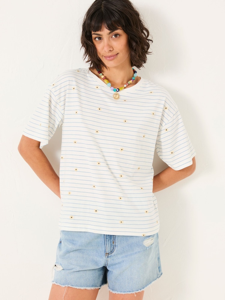 FatFace Maddie Ivory Embroidered Stripe T Shirt - Image 1 of 5