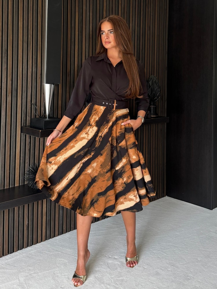 Girl In Mind Brown Larissa Wrap Detail Brown Print Midi Dress - Image 1 of 4