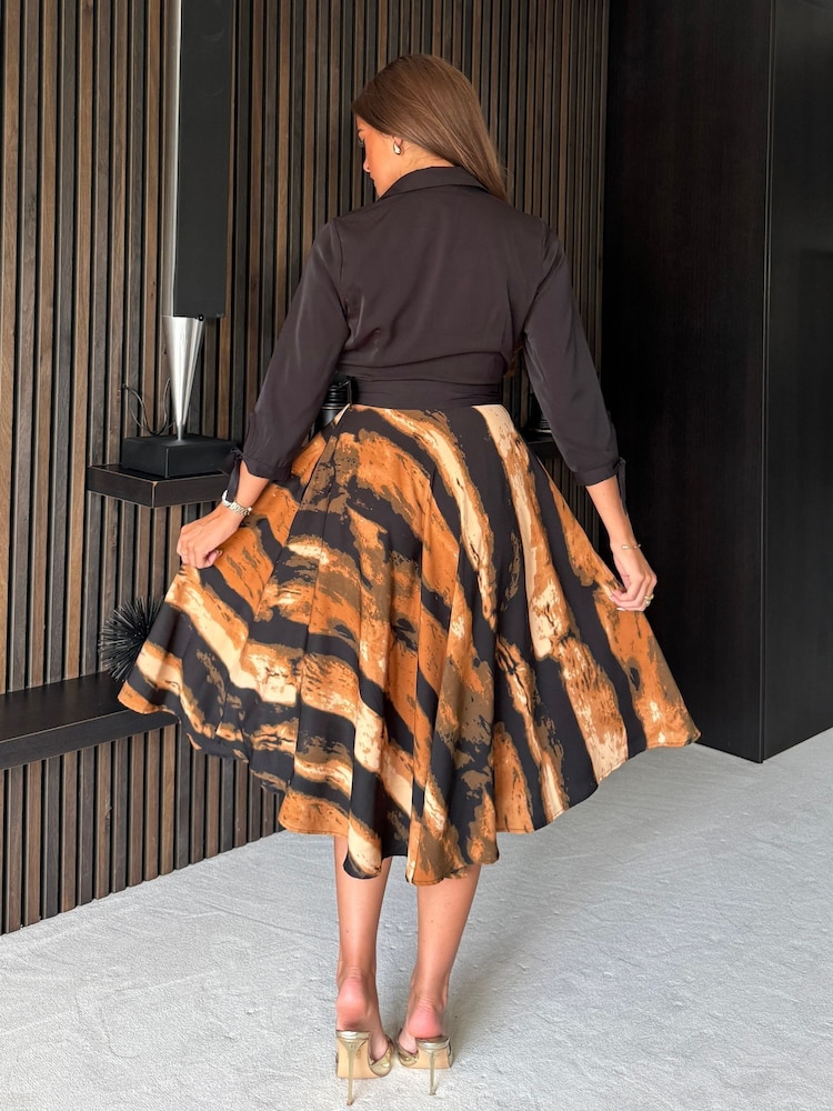 Girl In Mind Brown Larissa Wrap Detail Brown Print Midi Dress - Image 2 of 4 Girl In Mind Brown Larissa Wrap Detail Brown Print Midi Dress - Image 2 of 4
