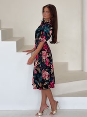 Girl In Mind Black Red Floral Holland Floral Collar Midi Dress - Image 3 of 4