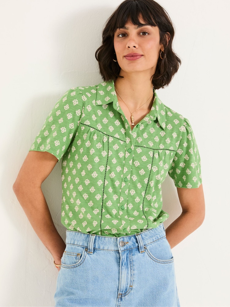 FatFace Kit Mid Green Woodblock Woodblock Short Sleeve Jersey Shirt - Image 1 of 5