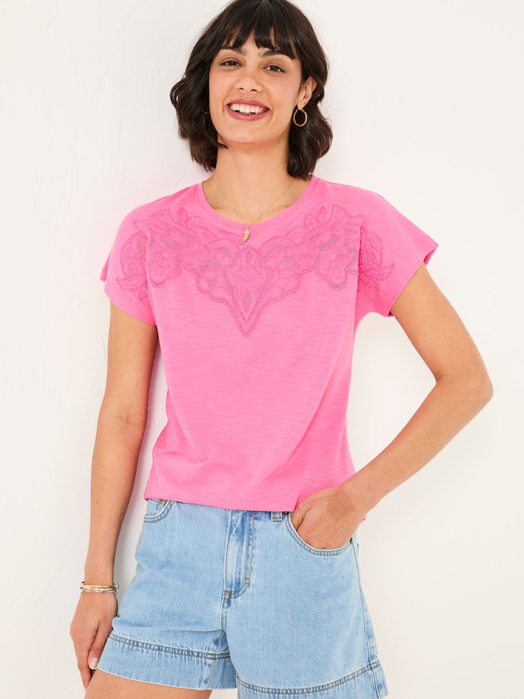 Rosa medio - FatFace Lace Cutwork T-Shirt - Imagen 1 de 5