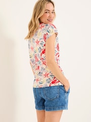 FatFace Ivory Sea Scene Linen Blend Notch Neck Top - Image 2 of 5