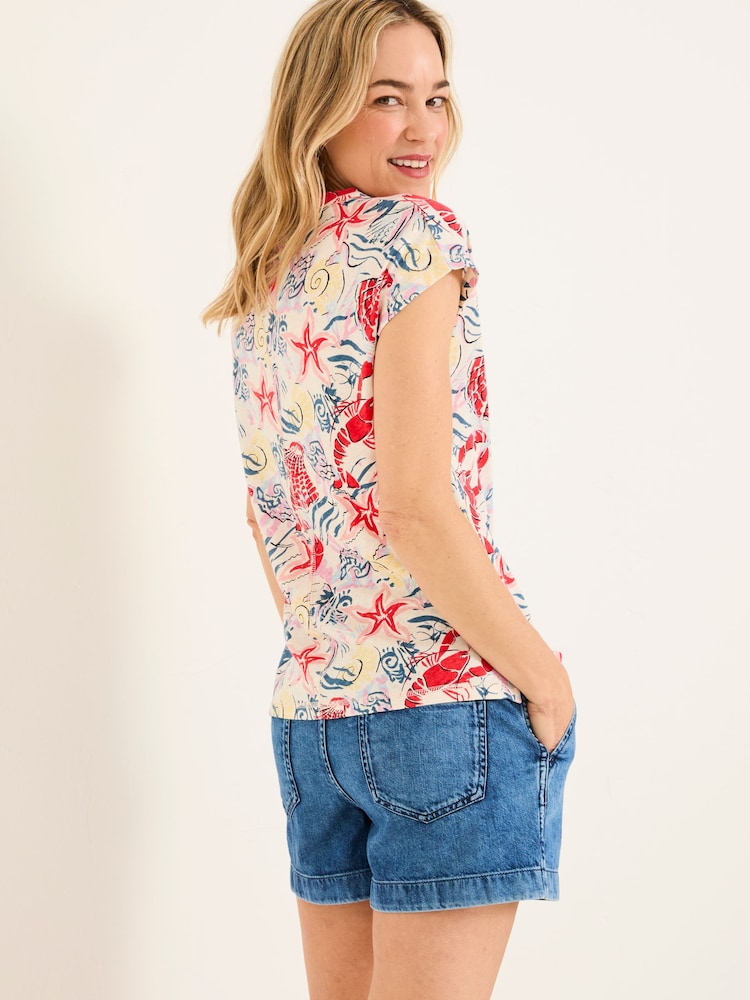 FatFace Ivory Sea Scene Linen Blend Notch Neck Top - Image 2 of 5