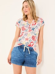 FatFace Ivory Sea Scene Linen Blend Notch Neck Top - Image 3 of 5
