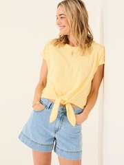 FatFace Light Yellow Lace Tie Front T Shirt - Image 1 of 5