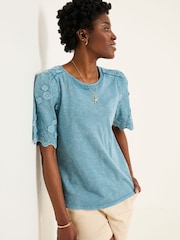 FatFace Denim Blue Pretty Broderie Top - Image 1 of 6