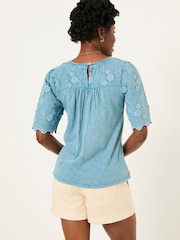 FatFace Denim Blue Pretty Broderie Top - Image 2 of 6