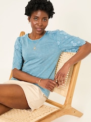 FatFace Denim Blue Pretty Broderie Top - Image 4 of 6