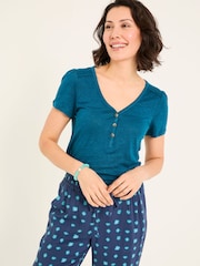 FatFace Lena Dark Teal Linen Henley Top - Image 1 of 4