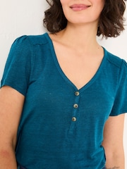 FatFace Lena Dark Teal Linen Henley Top - Image 4 of 4