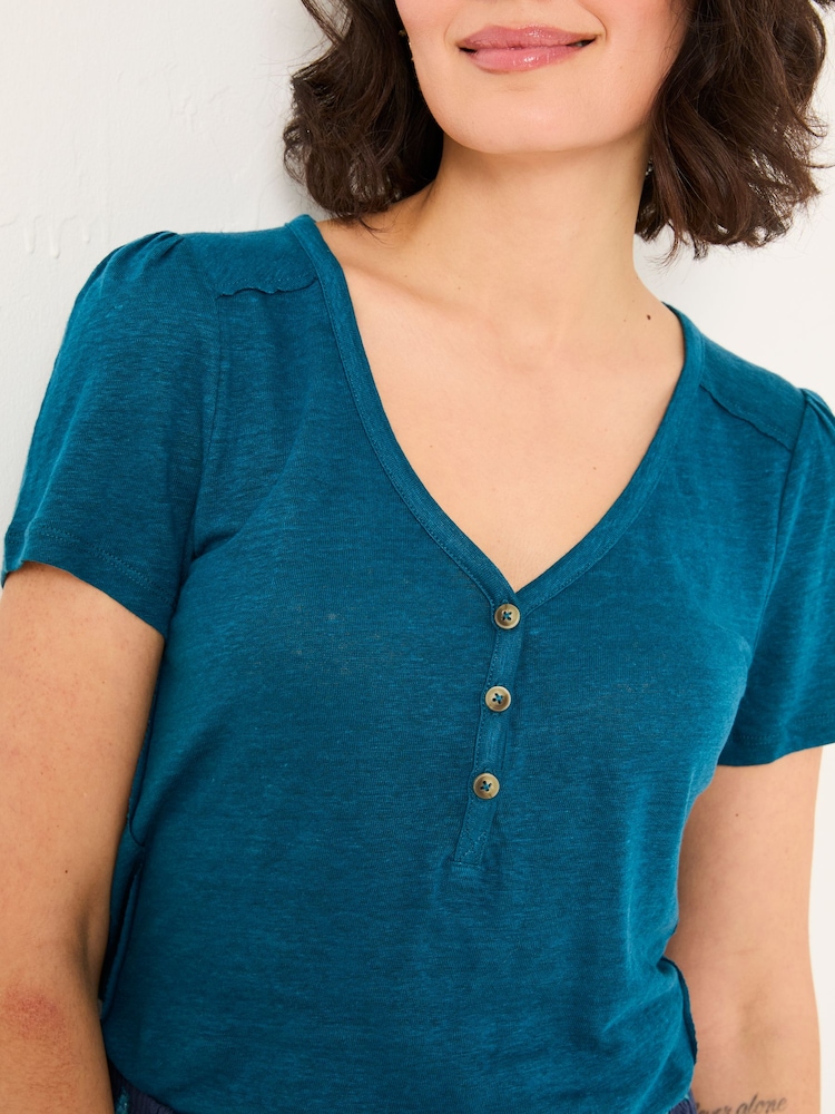 FatFace Lena Dark Teal Linen Henley Top - Image 4 of 4
