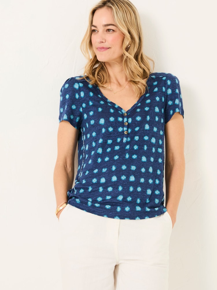 FatFace Lena Teal Blue Mini Spot Linen Henley Top - Image 1 of 5