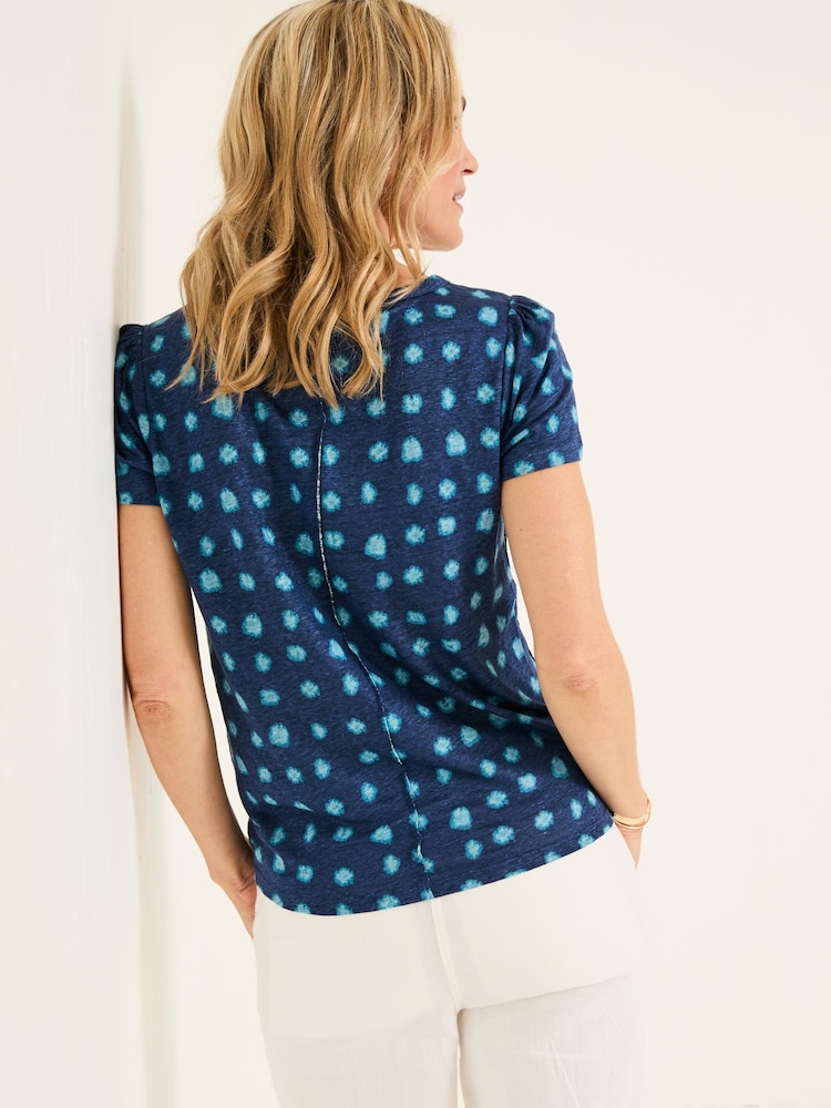 FatFace Lena Teal Blue Mini Spot Linen Henley Top - Image 2 of 5