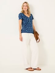FatFace Lena Teal Blue Mini Spot Linen Henley Top - Image 3 of 5