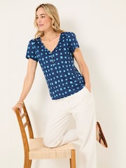 FatFace Lena Teal Blue Mini Spot Linen Henley Top - Image 4 of 5