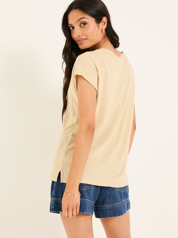 FatFace Oatmeal 100% Linen Notch Neck Top - Image 2 of 6